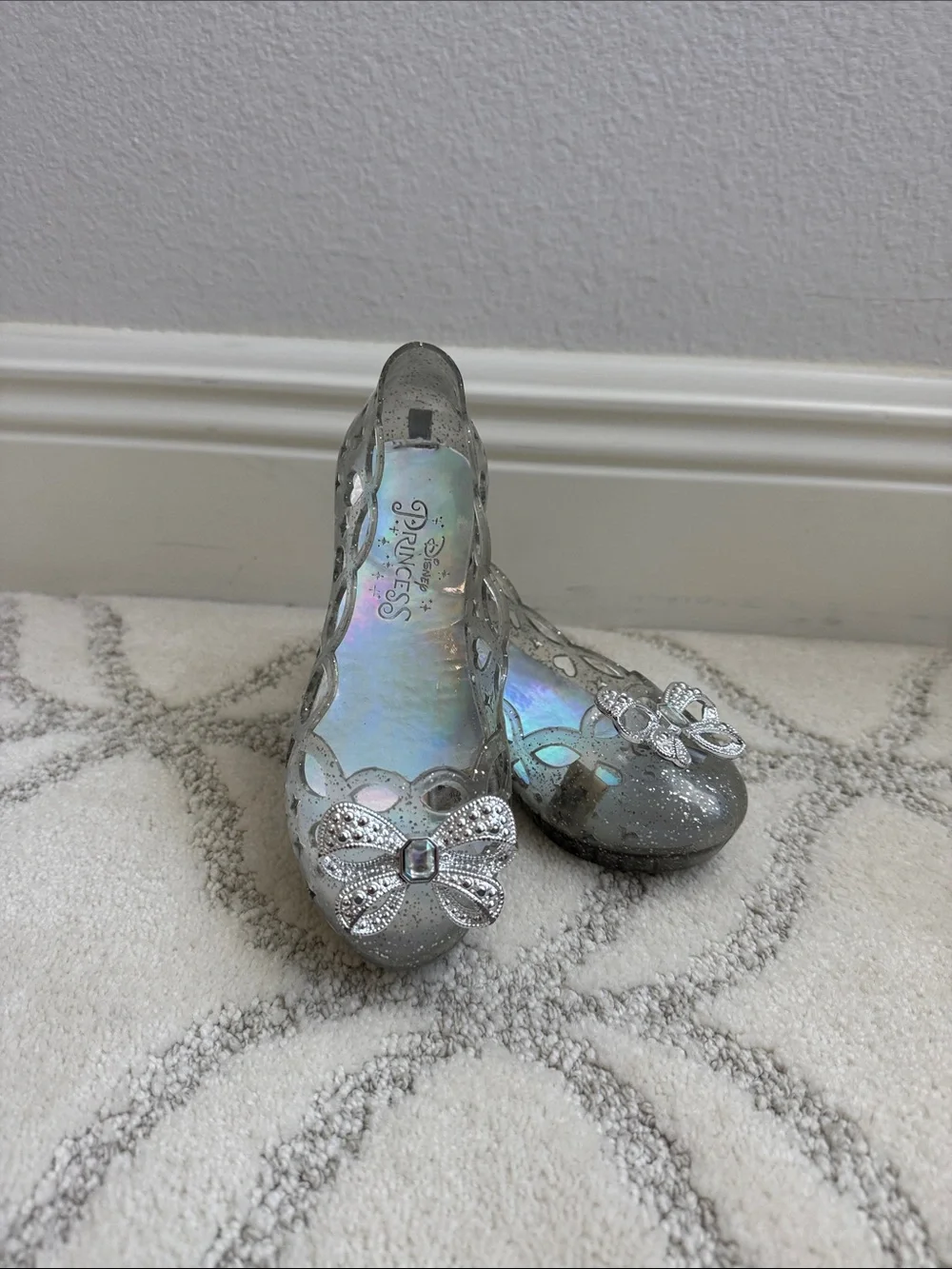 Disney Girls Silver Glitter Bow Cutout Flats